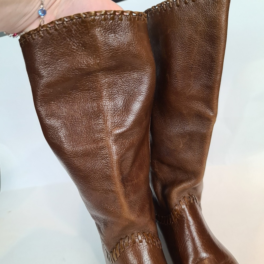 Connie Vintage Brown Leather Slouch Tall Boots 7B Pointed Toe Whipstitch Brazil - Picture 7 of 11